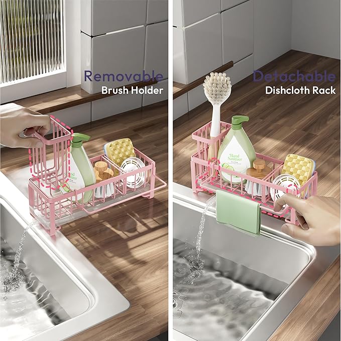 SWTYMIKI Sponge Holder for Kitchen Sink - Sink Caddy with Brush Holder Self-draining Sponge Caddy Organizer with Divider Stainless Steel Kitchen Accessories Storage for Countertop, Pink