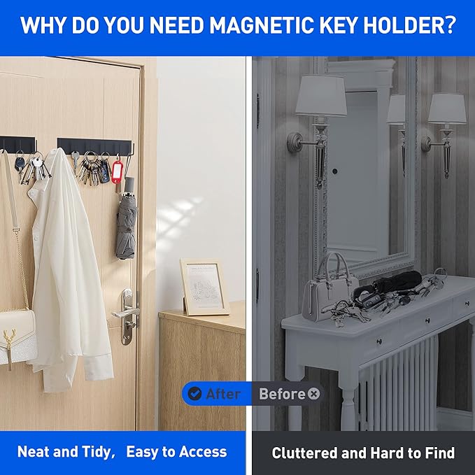 Magnetic Key Holder Wall Mount, Magnetic Key Rack Hanger With 6 Hooks For Metal Front Door, Magnetic Utensil Holder For Fridge, Strong Magnet Hanger Hook For Hanging Purse Kitchen Grill Tools Coat