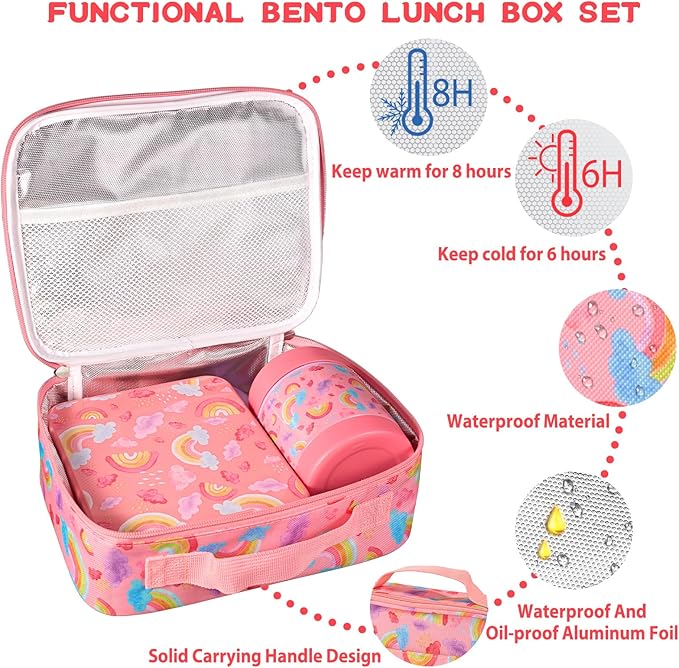Howeemo Rainbow Bento Lunch Box Set, 25.36 oz Capacity, Stainless Steel Insulated Soup Thermo, Leak-proof Bento Box, Microwave and Dishwasher Safe