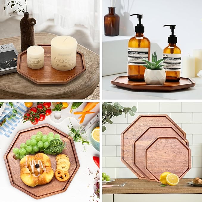 Set of 3 Acacia Wood Serving Trays Cheese Platters Party Hosting Essentials Gifts Charcuterie Board for Vegetable Fruit Food Round Tray Wooden Appetizer Platter Christmas Plates Dish Serving Boards