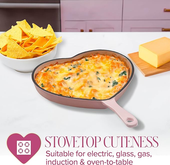 Paris Hilton Enameled Cast Iron Heart Skillet Pan, Superior Heat Retention, Oven Safe, Long-Lasting Enamel, 10-Inch, Pink