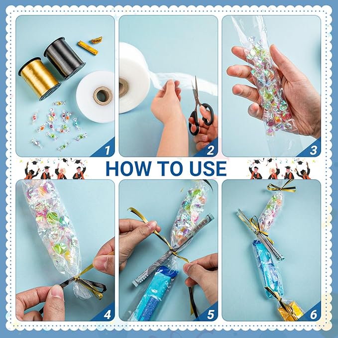 Candy Lei Poly Tubing, 3 Inch x 500 ft Clear Graduation Candy Lei Making Kit with 2 Rolls 250 yd Ribbon, Clear Shipping Poly Tubing for DIY Graduation Wreaths Packing Snacks