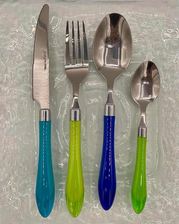 The Original Brink House Sea Blue Green Mix & Match Stainless Steel Cutlery Set with Translucent Handles / 16 pieces with Metal Stand/Lifestyle utensils set for home, apartment, dorm, outdoor events