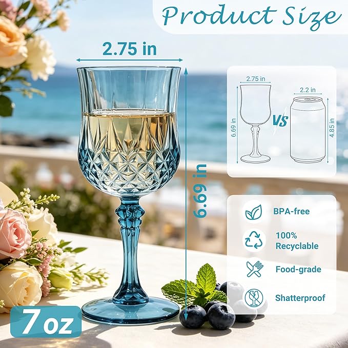 Plastic Wine Glasses, Plastic Goblets Vintage Style Cordial Unbreakable Drinking Glasses, Reusable Drinkware for Wedding Reception, Grand Event Party Supplies (24, Dusty Blue)