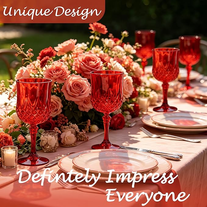 Plastic Wine Glasses, Plastic Goblets Vintage Style Cordial Unbreakable Drinking Glasses, Reusable Drinkware for Wedding Reception, Grand Event Party Supplies,Mother's Day (12, Red)