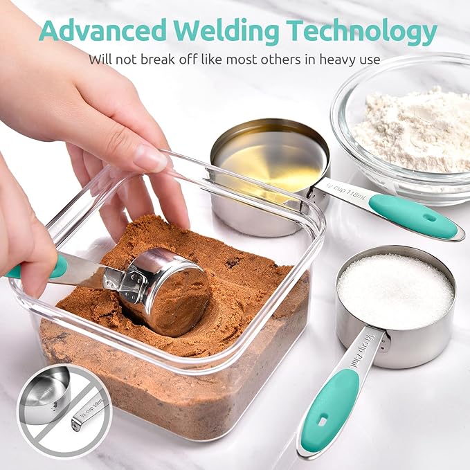 U-Taste Measuring Cups Spoons Set: 18/8 Stainless Steel 12 Pieces Stacking Kitchen Baking Cooking Food Measure Scoop Set, 7 Cups & 5 Spoons with Strengthened Weld Joints (Aqua Sky, Upgraded Version)