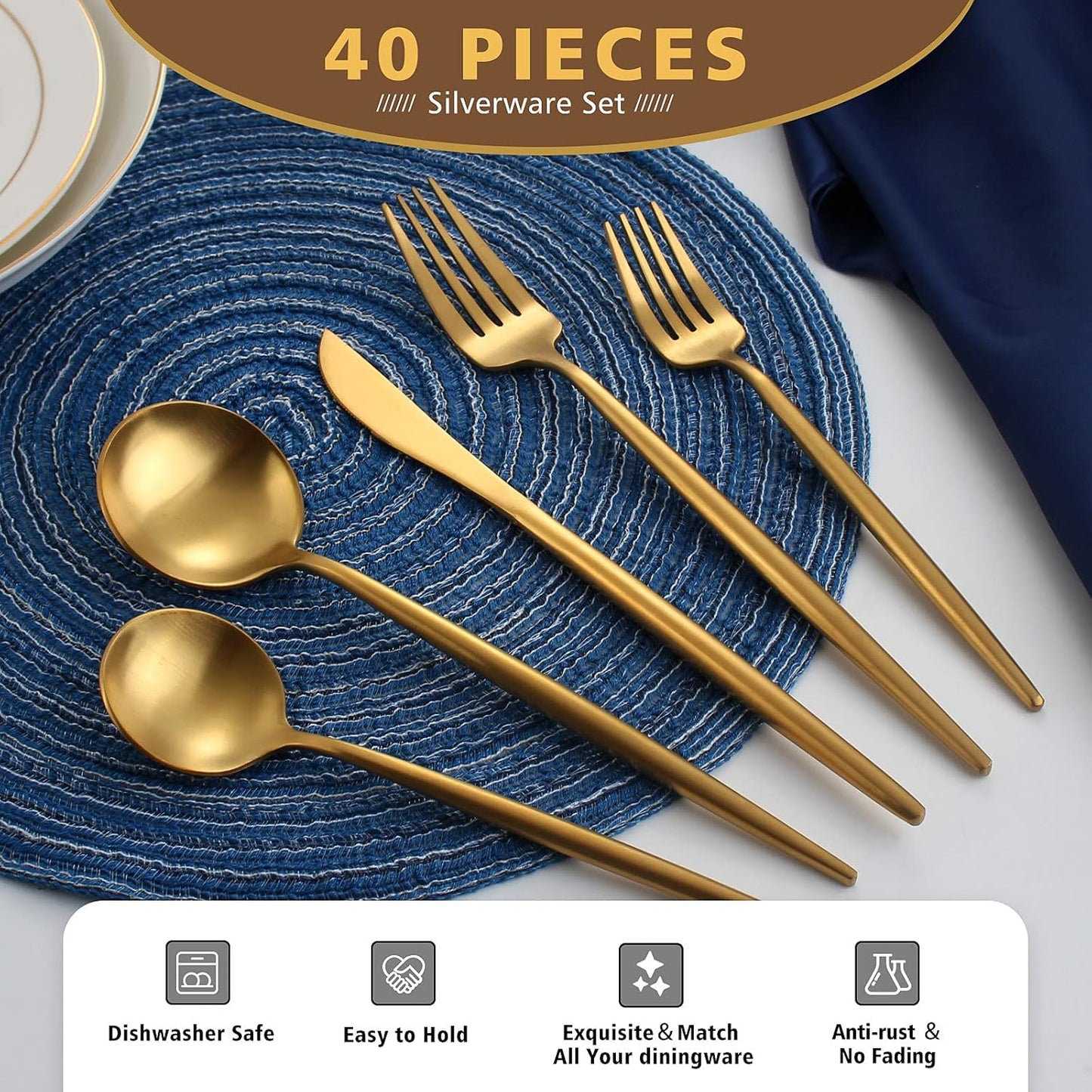 Matte Gold Silverware Set, Oliviola 40-Piece Stainless Steel Flatware Cutlery Set Service for 8, Satin Finish Kitchen Utensil Set, Dishwasher Safe…