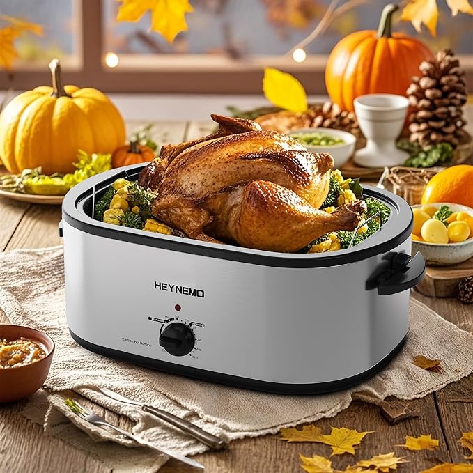 26 Quart Electric Roaster Oven with Visible & Self-Basting Lid, Large Turkey Roaster with Defrost Warm Function, Adjustable Temperature, Removable Pan Rack, Stainless Steel, Silver