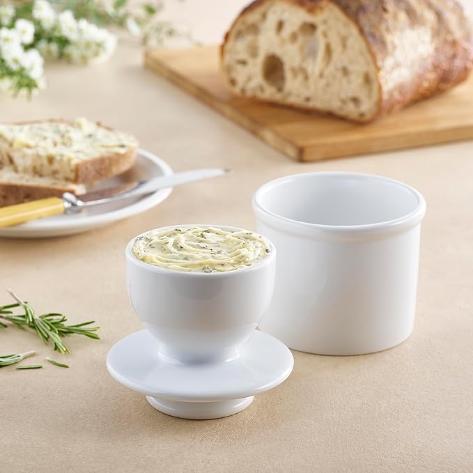Butter Bell - The Original Butter Bell crock by L Tremain, a Countertop French Ceramic Butter Dish Keeper for Spreadable Butter, Glossy White + Matte Black
