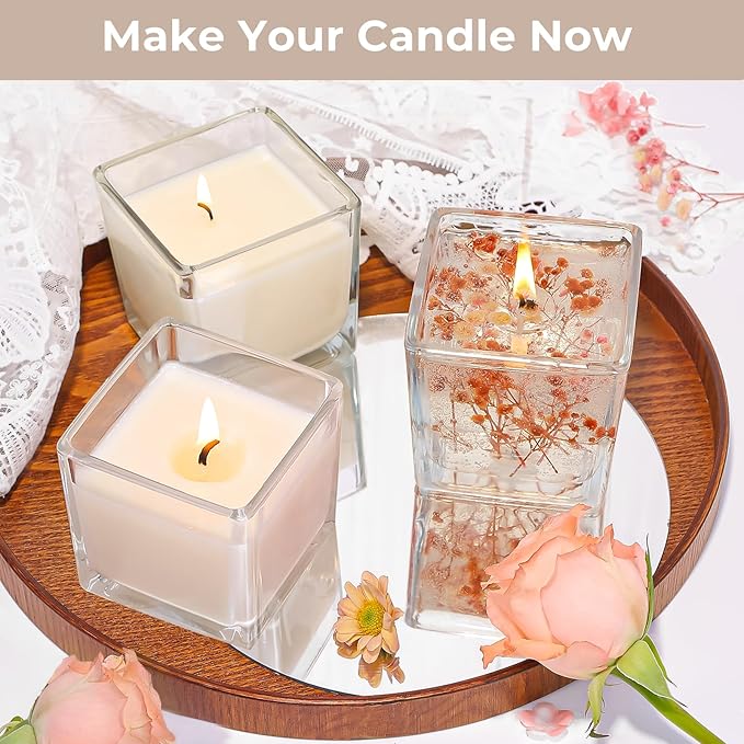 CONNOO 12 Pack 9 OZ Clear Square Candle Jars for Making Candles, Thick Glass Bulk Empty Candle Containers with Airtight Bamboo Lids for Candle Making, Sticky Warning Labels - Dishwasher Safe