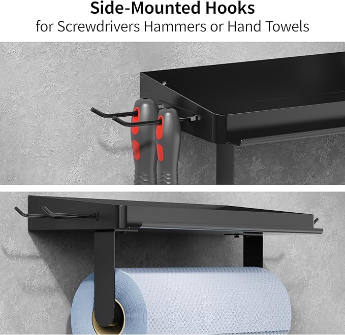ZUNTO 3-in-1 Wall Mount Garage Paper Towel Holder with Shelf, Organize Shelf & Pen Holder(or Phone Storage) & Hanging Hooks - Heavy Duty Stainless Steel Organizer for Kitchen, Workshop, Laundry Room