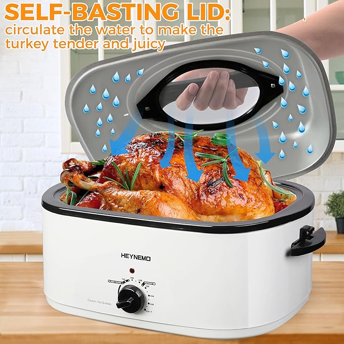 24Qt Turkey Roaster Oven Buffet with Self-Basting Lid, 1450W Electric Roaster Oven with Cool-Touch Handles, Removable Pan and Rack, Stainless Steel, White