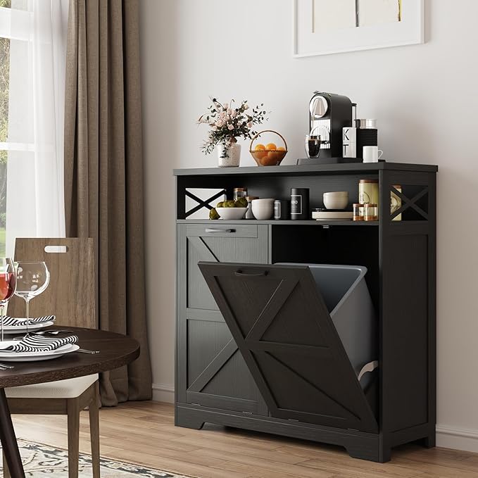 Befrases Double Tilt Out Trash Can Cabinet for 13 * 2 Gallon Garbage Can, Farmhouse Kitchen Garbage Trash Bin for Hidden Laundry Basket, Dual Dog Proof Recycling Cabinet for Dining Living Room, Black