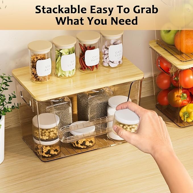 Delamu 2 Set Pantry Organizers and Storage,Trash Bag Dispenser with Bamboo Top,Stackable Trash Bag Dispenser Under Sink Organizer for 4-30 GalBags,Onion,Potato,Fruits,Amber(11-7/32"L*7" W*7-1/8"H)