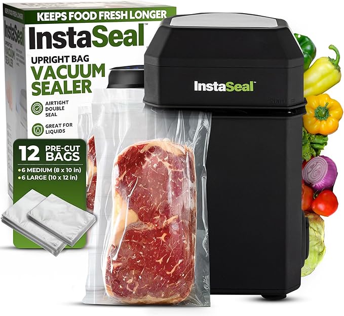 InstaSeal Vacuum Sealer for Food with 12 Bags, Preserves Foods 5x Longer, Space Saving Compact Upright Design Allows Machine to Heat Seal Marinades, Soups, Meats for Sous Vide Cooking