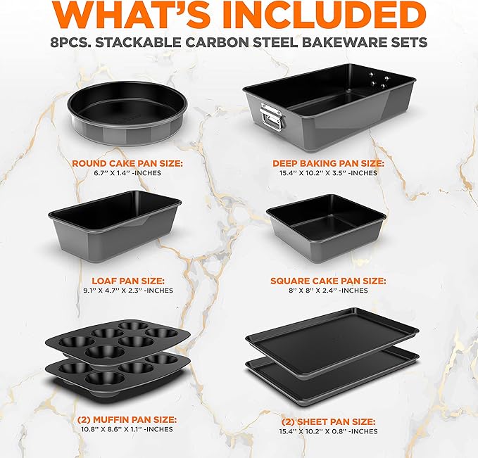 NutriChef 8-Piece Nonstick Stackable Bakeware Set - PFOA, PFOS, PTFE Free Baking Pans Set w/Non-Stick Coating, 450°F Oven Safe, Round Cake, Loaf, Muffin, Wide/Square Pans, Cookie Sheet (Gray)