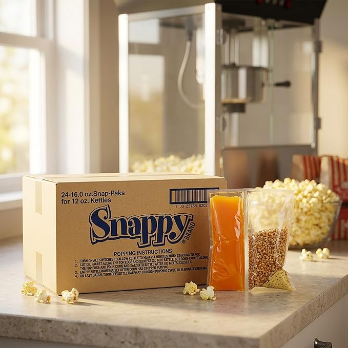 Snappy Snap-Paks All in One Popcorn Portion Packets for 6 oz Popping Machine, Kernels, Oil, and Salt, 24 Count