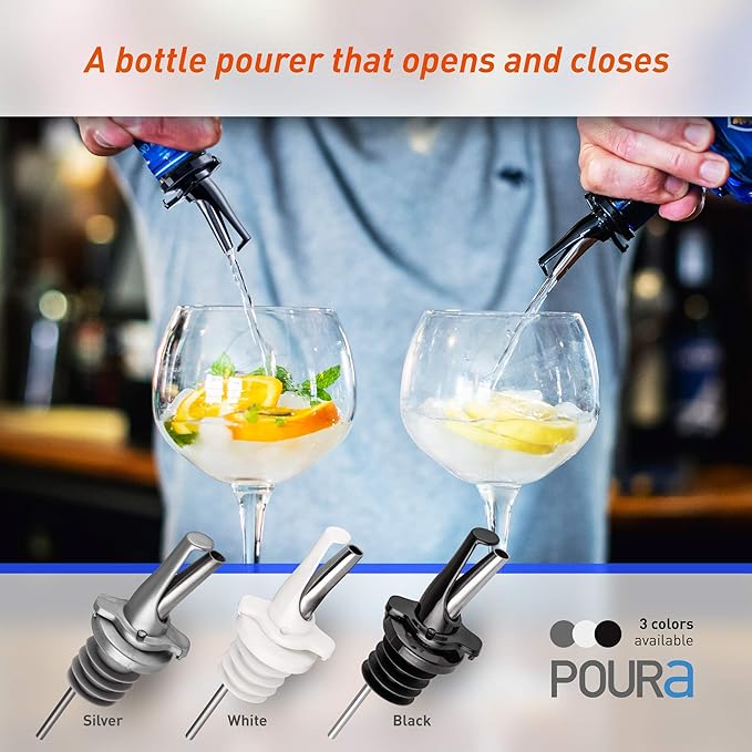 Poura 8 Liquor Pour Spouts (Black) with Built-in Caps for Optimal Fly & Dust Protection - Dishwasher Safe, Hygienic Spouts - with 6 Adapters for Large Neck Bottles