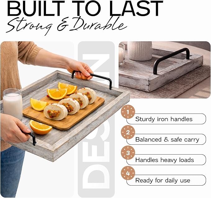 Besti Rustic Vintage Food Serving Trays (Set of 2) | Nesting Wooden Board with Metal Handles | Stylish Farmhouse Decor Serving Platters | Large: 15 x2 x11” - Small: 13 x2 x9” inches (Rustic)