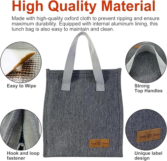 Mziart Minimalist Lunch Bag, Reusable Insulated Bag for Women Men Box Container Leakproof Simple Bento Tote Adults Cooler Work Office Picnic or Travel (Grey) M23HK-LB-005-JJ