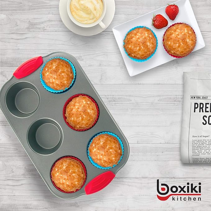 Baking Set: Non-Stick Steel Jumbo 6 Cup Muffin Pan with Silicone Handles & Reusable Liners and 9 Inch Silicone Round Cake Pan with Steel Frame Handles - Bake, Enjoy, Repeat!