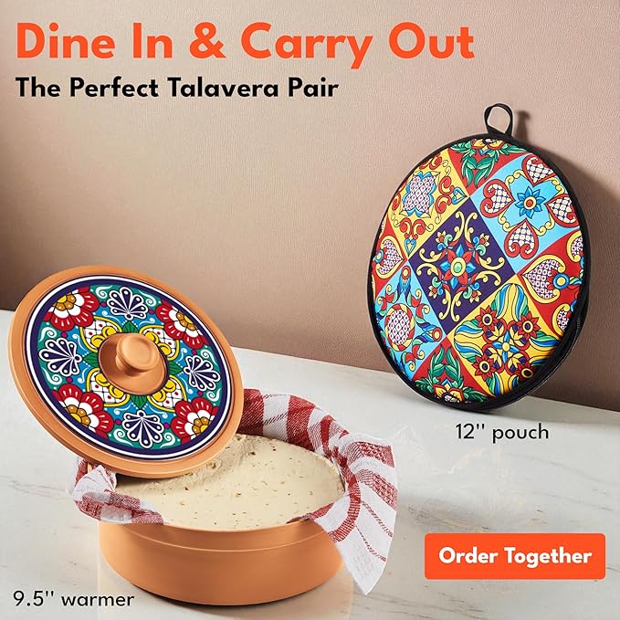 Authentic Terracotta Tortilla Warmer w Decorative Lid, Mexican Terra Cotta Tortilla Holder w Warmer Cloth, Traditional Clay Tortillas Container Heater & Tortillero, Talavera