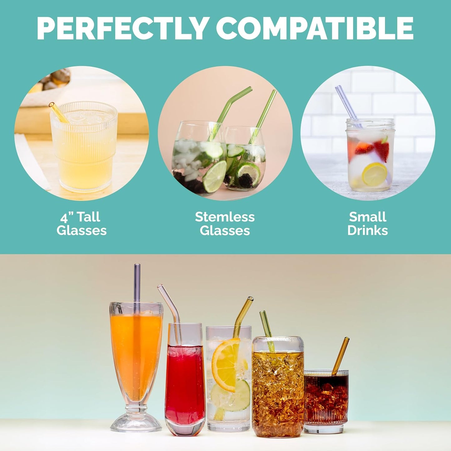 Simply Straws 6 Inch Glass Straws Straight (6-Pack) – Reusable Glass Straws for Low Balls & Stemless Glasses, with Cleaning Brush – Dishwasher Safe, Hot & Cold Use, BPA-Free (Iridium)