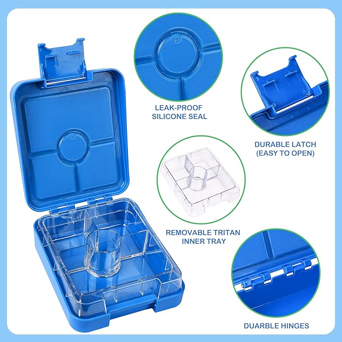Pawtong Bento Lunch Box Set With 10oz Soup Thermo, Leak-proof Lunch Containers with 4 Compartment, Kids Hot Thermo Food Jar/Insulation Lunch Bag, Food Containers for School （Blue）