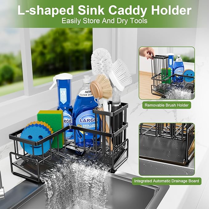 Large Sponge Holder for Kitchen Sink, 90-Degree Sink Caddy Organizer with Dish Brush Holder for Countertop Corner Storage Rack, Metal L-Shaped Kitchen Sink Sponge Soap Organizer Storage Ideas