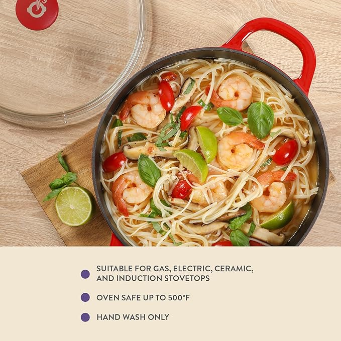 Crock Pot Artisan 7-Quart Round Enameled Cast Iron Dutch Oven With Oven Safe Borosilicate Glass Lid, Heavy-Duty Cookware for Baking, Roasting & Slow Cooking, Red