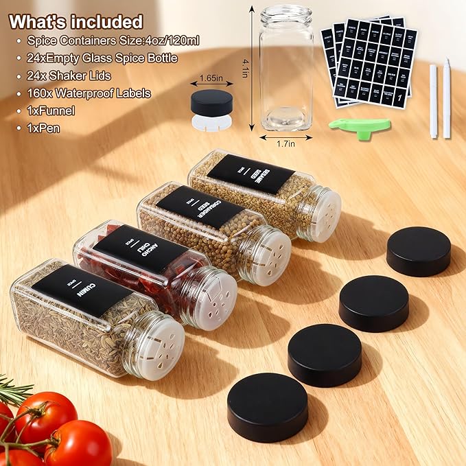 36Pcs Spice Jars Containers with Labels，4oz Black Seasoning Bottles with Shaker Lids for Rack, Cabinet, Drawer,Empty Square Condiment Pots (36, Black)