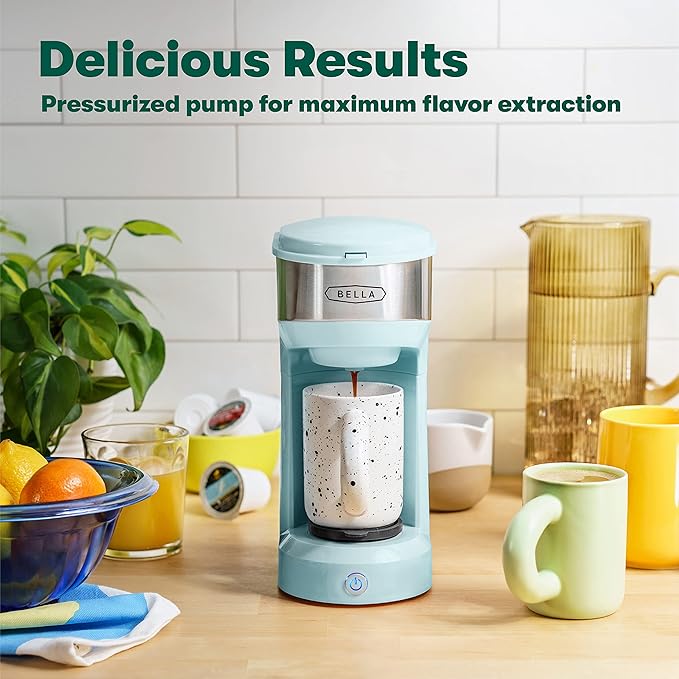 BELLA Dual Brew Single Serve Coffee Maker, Brews both Kcup and Ground Coffee, Large 14oz Capacity, Easy One Touch, Auto Shutoff, Aqua