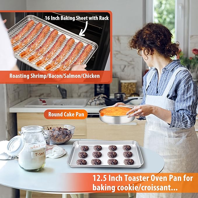 TeamFar Stainless Steel Bakeware Sets, Baking Sheet with Rack, Toaster Oven Pan & Pizza Pan, Lasagna Pan with Lids, Square & Round Cake Pan with Lids, Muffin & Loaf Pan, Healthy