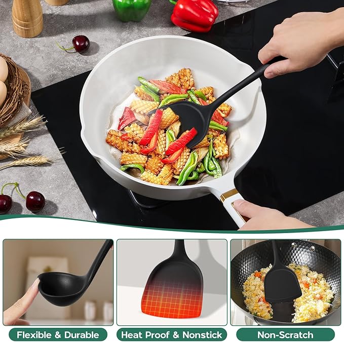 Onader Cooking Utensils Set of 6, Black Silicone Kitchen Cooking Utensils Set for Nonstick Cookware, Non Toxic & Dishwasher Safe