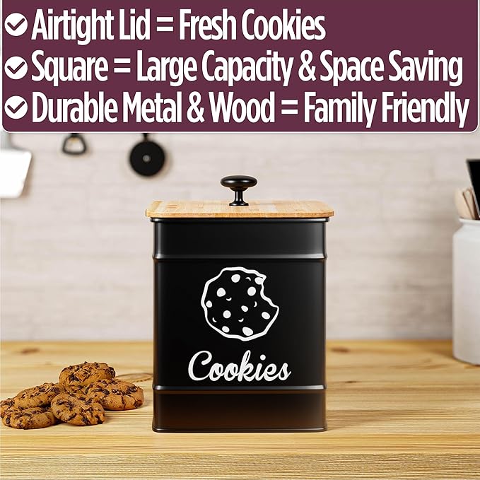 Cookie Jar with Airtight Lid - 1 Gallon - 6"D x 8"H Iron Cookie Tin with Bamboo Lid - Large Cookie Jars with Lids Airtight - Farmhouse Cookie Jars for Kitchen Counter Decorative - Cookies Jar