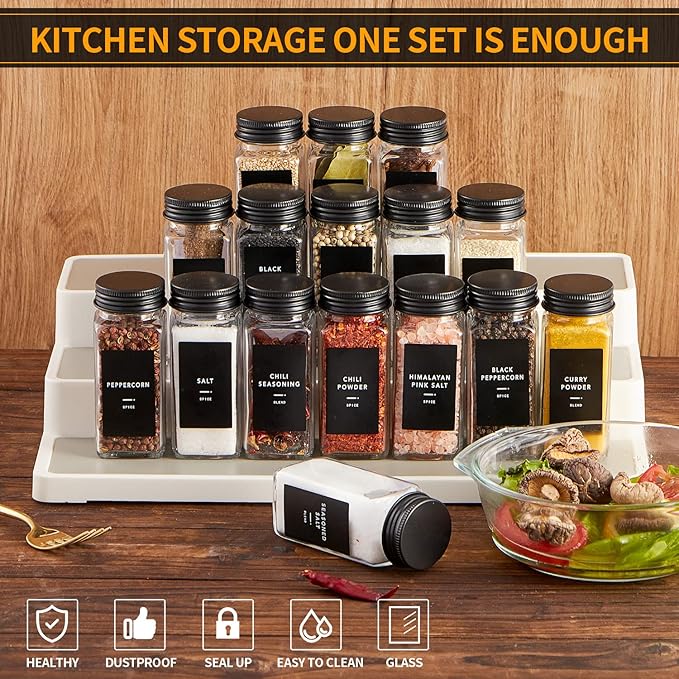 Skiileor 48 Pcs Spice Jars with Label- Glass Spice Jars with Black Metal Caps,Shaker Lids, Funnel, Chalk Pen 4oz Seasoning Containers Bottles for Spice Rack, Cabinet, Drawer