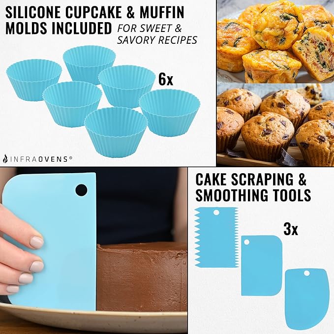 Air Fryer Silicone Baking Set, 7.5” Cake Pan, Muffin Cups, Scraper & Cheat Sheet – Non-Stick, BPA-Free Bakeware for Instant Vortex, Cosori, Ninja, PowerXL Grill, Chefman & More by INFRAOVENS