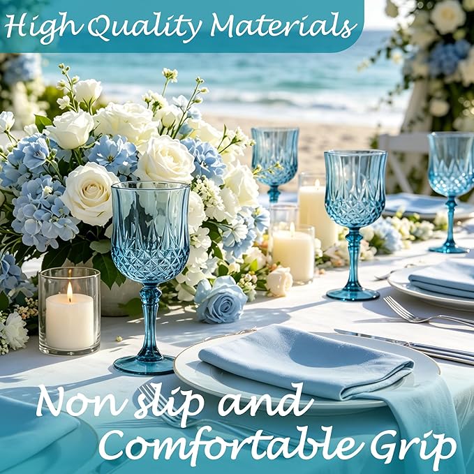 Plastic Wine Glasses, Plastic Goblets Vintage Style Cordial Unbreakable Drinking Glasses, Reusable Drinkware for Wedding Reception, Grand Event Party Supplies (24, Dusty Blue)
