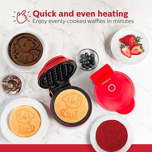 Holstein Housewares Puppy Personal Waffle Maker – Dog-Shaped, 4-Inch Non-Stick Red Mini Waffle Iron for Fun Breakfasts, Kids & Pet Lovers