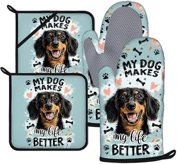 Life is Better with Dogs Oven Mitts and Pot Holders Sets 4Pcs Silicone Non-Slip Mitts Heat Resistant Gloves Hot Pads for Kitchen Cooking Baking Grilling BBQ