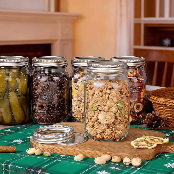 WELLIFE Wide Mouth Mason Jars, 12 Pack Mason Jars 32 oz for Pickling, Canning, Fermenting and Food Storage, Microwave & Dishwasher Safe