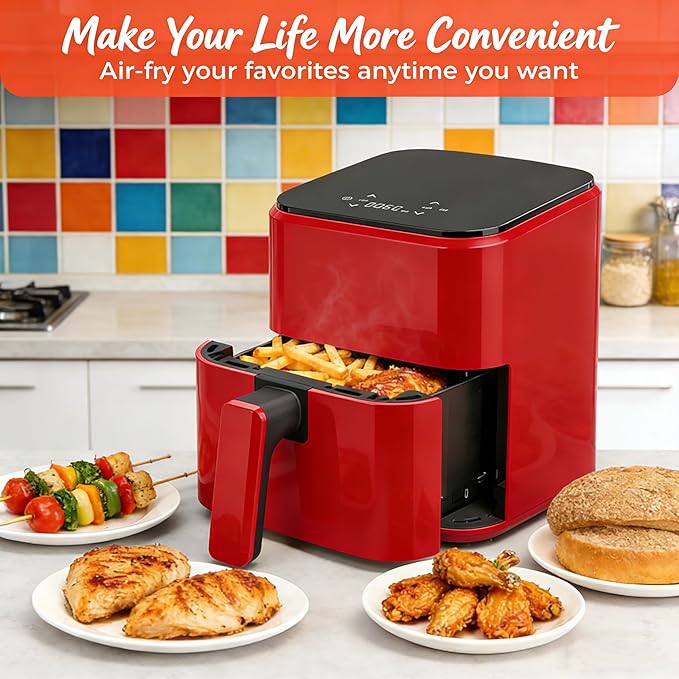 HealSmart 3.17 Qt Compact Air Fryer, 8-in-1 Digital Small AirFryer with 400°F, Nonstick Dishwasher-Safe Basket, Auto Shutoff, Overheat Protection, for Quick Healthy Meals, Red