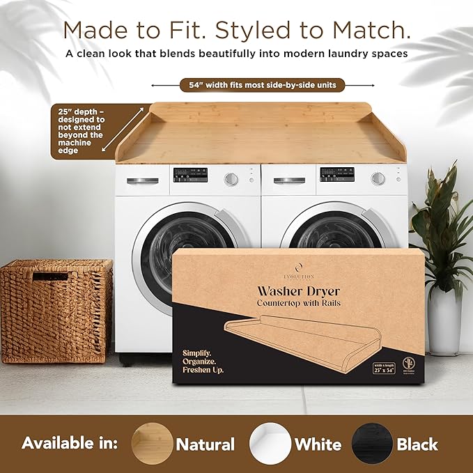 Solid Bamboo Washer Dryer Countertop, Laundry Wood Shelf Topper with Non-Slip Pads, Edge Rails and High Back Rail for Laundry Room Storage & Organization, Washer Dryer Counter Storage, 25"W x 54" L