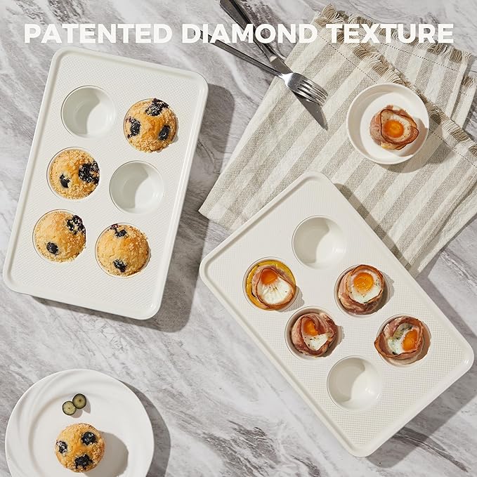 HONGBAKE 2 Pack Nonstick Ceramic Muffin Pan, 6 Cup Muffin tin for Baking, Non-toxic Cupcake Pan, Heavy-duty Aluminized Steel Cupcake Tray with Diamond Texture, Easy To Clean (Cream, 2PCS)