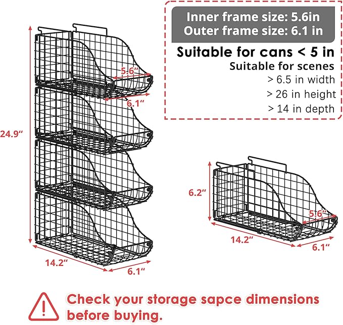 Sonyabecca 4-Pack Stackable Canned Food Organizer with Handles for Kitchen, Soda Can Organizer for Pantry Shelves, Wire Cabinet Shelf for Can Storage, Foldable Soda Dispenser, Patent Pending, Black