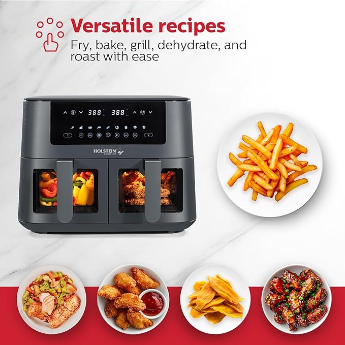 Holstein Housewares 8.4QT Dual Basket Digital Air Fryer with viewing window and led display with 7 preset options. Fry, bake, grill, dehydrate, and roast healthier recipes. Dishwasher Safe