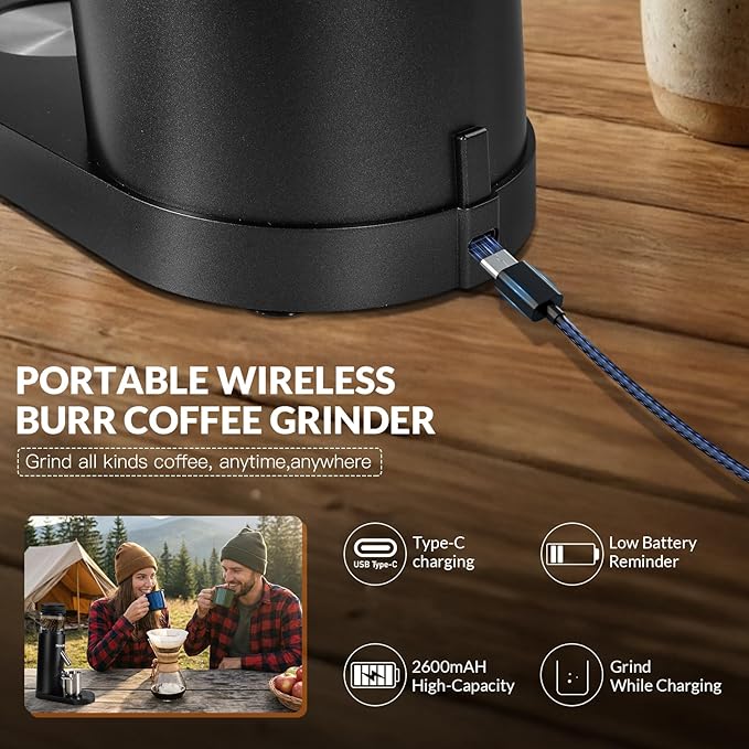 Coffee Grinder Electric, Rechargeable Cordless Stainless Steel Conical Burr Coffee Bean Grinder with Air Blower, 60 Grind Settings, Anti-Static, Compact & Quiet for Home, Office, Camping Use