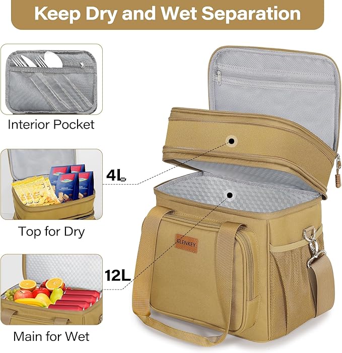 Expandable Large Lunch Box, Insulated Heavy Duty Lunch Bag Waterproof Leakproof Durable Cooler Bag for Men Women Adults Work Construction Camping Trip, 16L, Brown