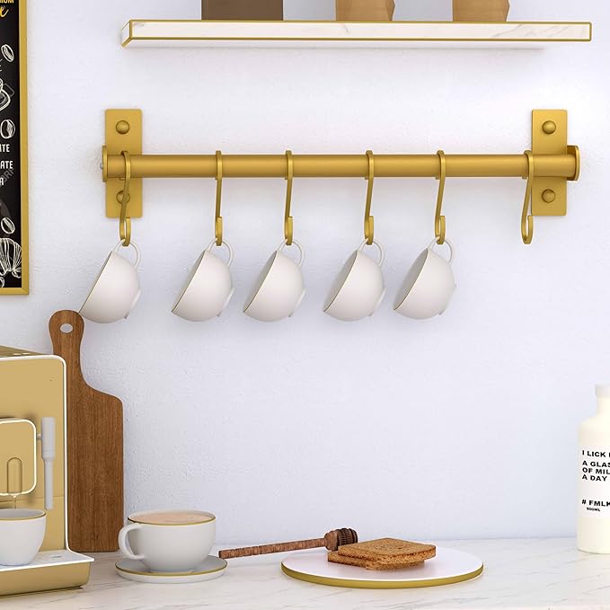 Dseap Kitchen Utensil Holder Hanger, Pot and Pan Rack Wall Mounted, Kitchen Rail with 8 Hooks for Hanging Cooking Utensils, Mugs, Spoons, Wall Mounted, Gold, Pack of 2