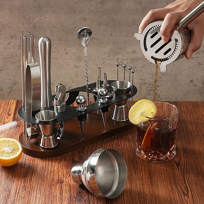 23-Piece Bartender Kit, Cocktail Shaker Set with Stand | Bar Set Drink Mixer Set with All Essential Bar Tools: Martini Shaker,Bar Mixer Spoon, Jigger, Strainer, Muddler, Pourers, for Home, Bar, Party